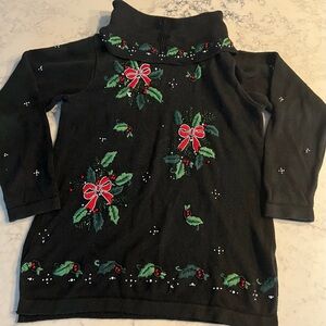 Vintage Nutcracker Christmas Sweater Holly Bows Turtleneck Embroidered Small